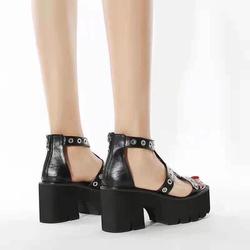 Amozae Summer Women Platform Sandals Metal Ring Cutout High Heels Punk Goth Platform Shoes Ladies Heel Sandalias Sandales Femmes Été