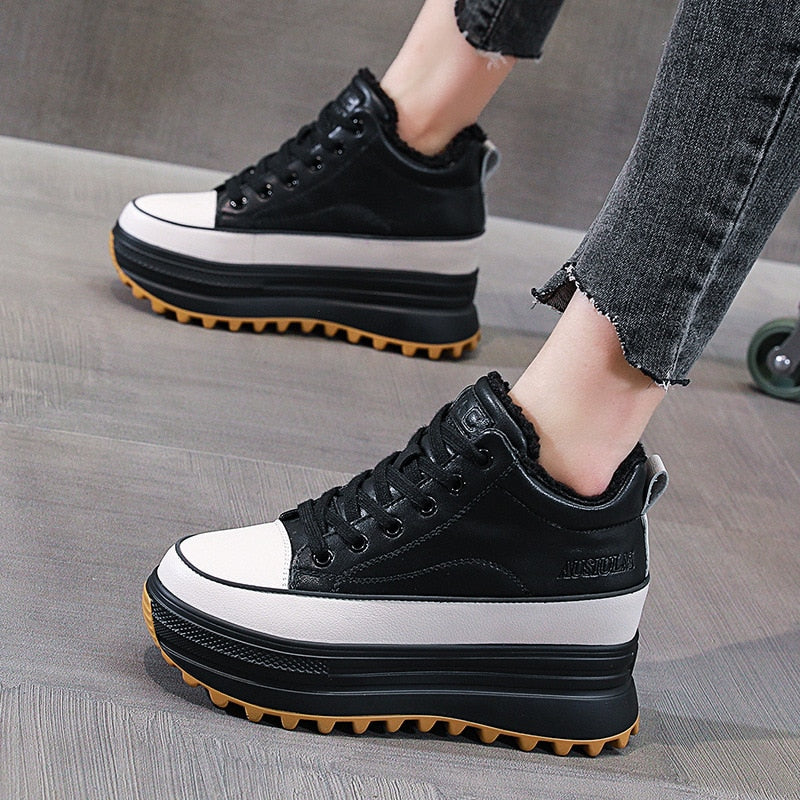 Amozae 7Cm High Platform Shoes Wedge Sneakers Chunky Shoes Platform For Women Genuine Leather Women Casual Shoes Winter Fur Flats
