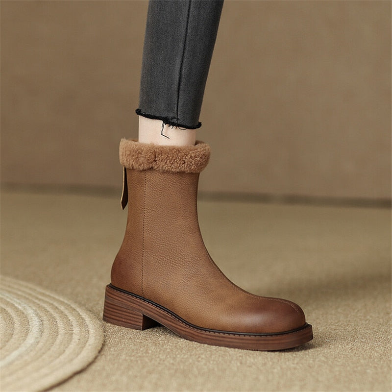 flowersverse New Winter Ankle Boots Women Chunky Heels Round Toe Boots Casual Shoes For Women Thermal Plush Boots Simplicity Women Boots