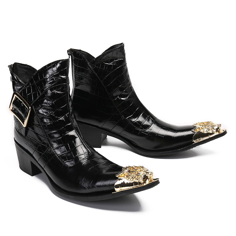 Amozae Fashion Luxury High Heels Men Boots Genuine Leather Ankle Boots Men Italian Business Dress Shoes Pointed Toe Cowboy Boots