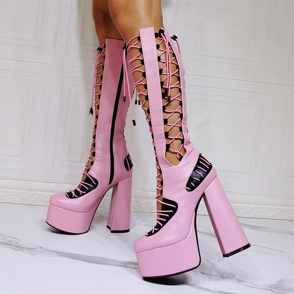Amozae Summer Platform Chunky High Heels Leather Boots Women Hollow Lolita Mixed Color Sandals Botas Mujer Shoes Female Big Size 14 15