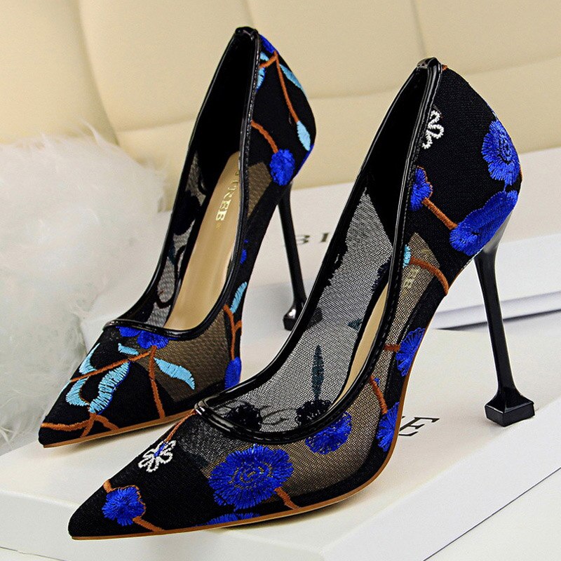 Amozae Summer Fashion High Heels Women's Floral Embroidered Lace Party Stiletto High Heels Mesh Women's Shoes