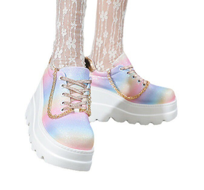 Amozae Summer Fashion Colorful Leather Shoes Women's Golden Thin Flash Lace Wedge Heel Thick Bottom Heightening Casual Sports Shoes
