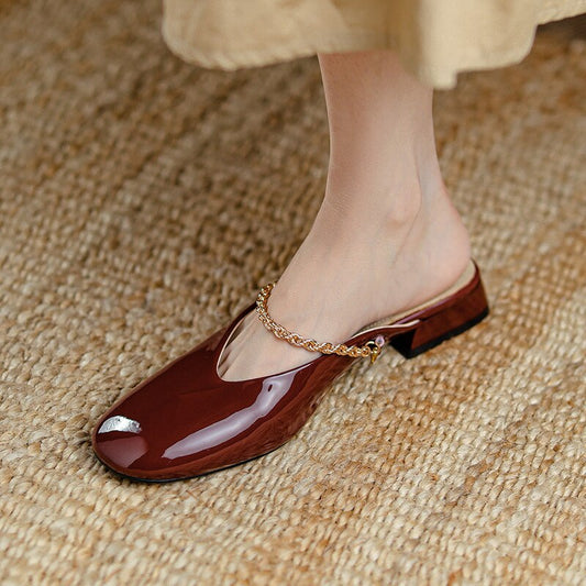 Amozae Outside Women's Muller Shoes Fashion Designe Middle Heel Ladies Sandals Classic Lersure Patent Leather Lazy Female Slipper