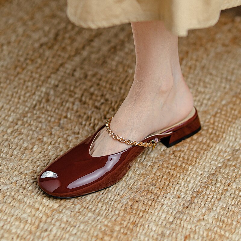 flowersverse Outside Women's Muller Shoes Fashion Designe Middle Heel Ladies Sandals Classic Lersure Patent Leather Lazy Female Slipper