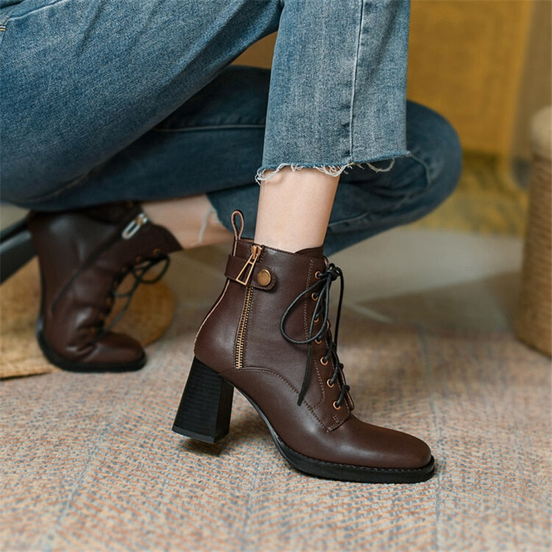 flowersverse Autumn Winter Genuine Leather Women Boots Square Toe Lace-Up Women Shoes Chunky Heels Shoes For Women Side Zipper High Heel