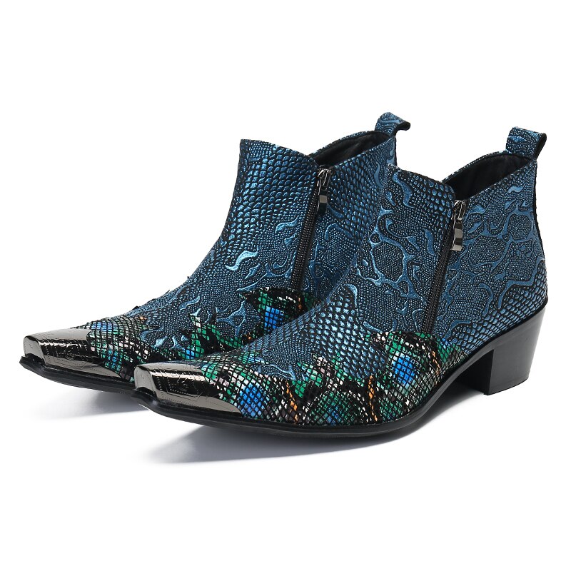 Amozae Trendy British Genuine Leather Glitter Men Ankle Boots Steel Toe Mens High Heels Snake Skin Bota Masculina Party Dance Shoes Man