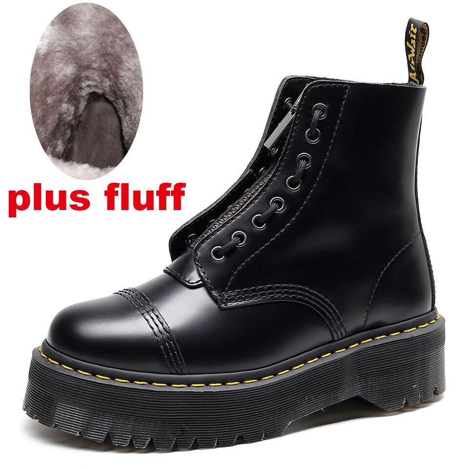 Amozae Women Platform Boots Ladies Genuine Leather Combat Boot Female Motorcycle Zipper Winter Height Ankle Boots Zapatos Mujer Shoes