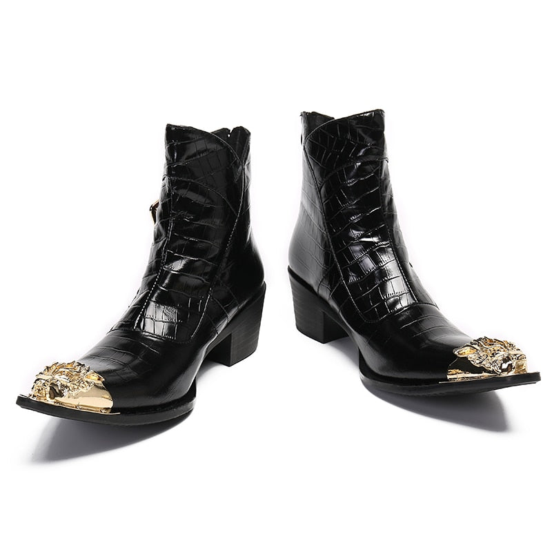 Amozae Fashion Luxury High Heels Men Boots Genuine Leather Ankle Boots Men Italian Business Dress Shoes Pointed Toe Cowboy Boots