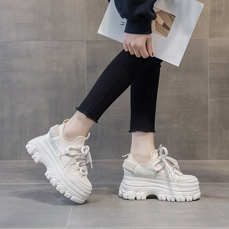 Amozae 9Cm Platform Wedge Sneakers Genuine Leather Women Shoes Chunky Sneakers For Female Spring Autumn Warm Fur Winter Shoes
