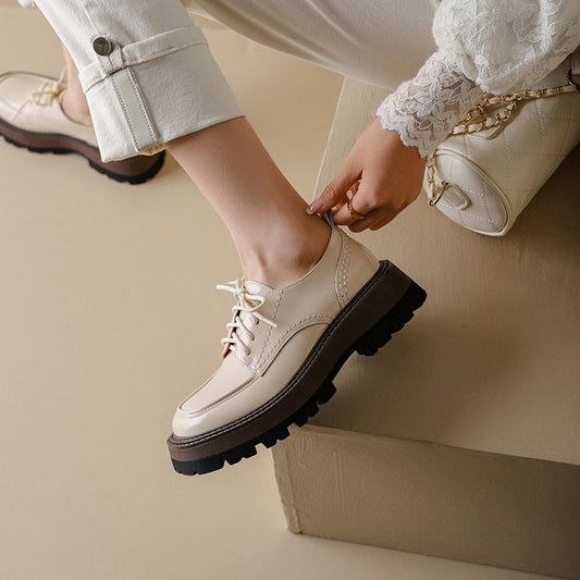 flowersverse Spring Genuine Leather Platform Shoes Women Shoes Casual Loafers Round Toe Shoes Woman Zapatos De Mujer Women Cross-Tied