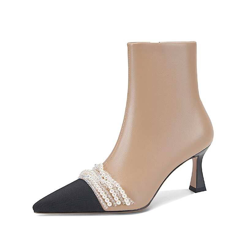 flowersverse Hot Genuine Leather Knitting Mixed Colors Women Boots Fashion String Bead ZIP Ankle Boots Pointed Toe Thin Heel Women Shoes
