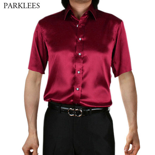 flowersverse Stylish Gold Silk Satin Shirt Men Chemise Homme Casual Short Sleeve Slim Fit Mens Dress Shirts Business Camisa Masculina