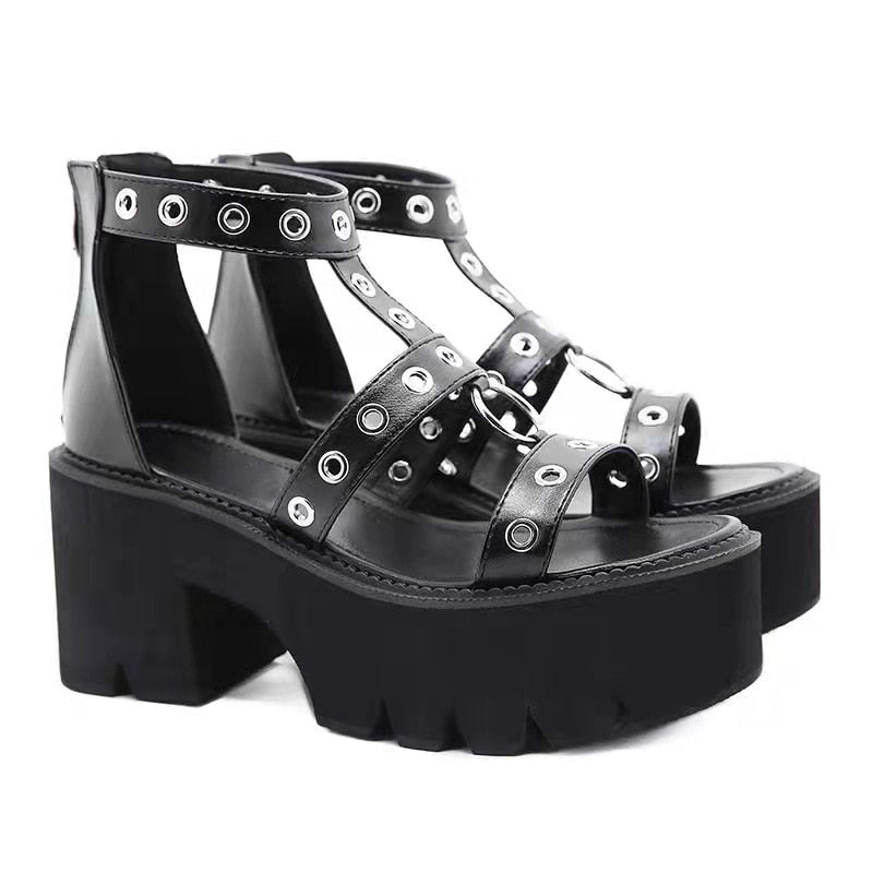Amozae Summer Women Platform Sandals Metal Ring Cutout High Heels Punk Goth Platform Shoes Ladies Heel Sandalias Sandales Femmes Été