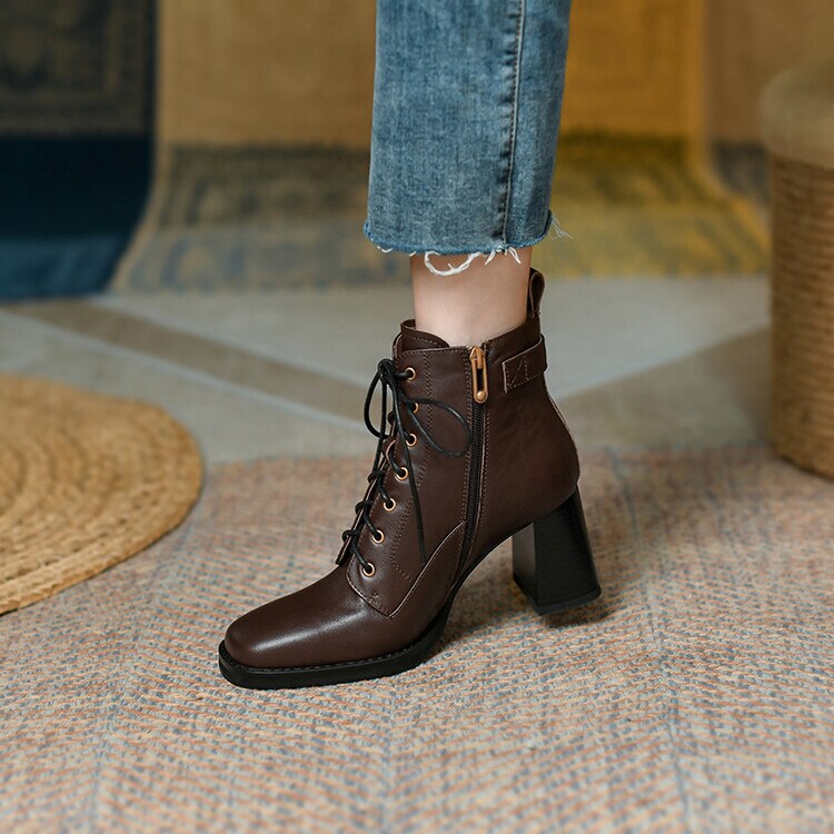 flowersverse Autumn Winter Genuine Leather Women Boots Square Toe Lace-Up Women Shoes Chunky Heels Shoes For Women Side Zipper High Heel