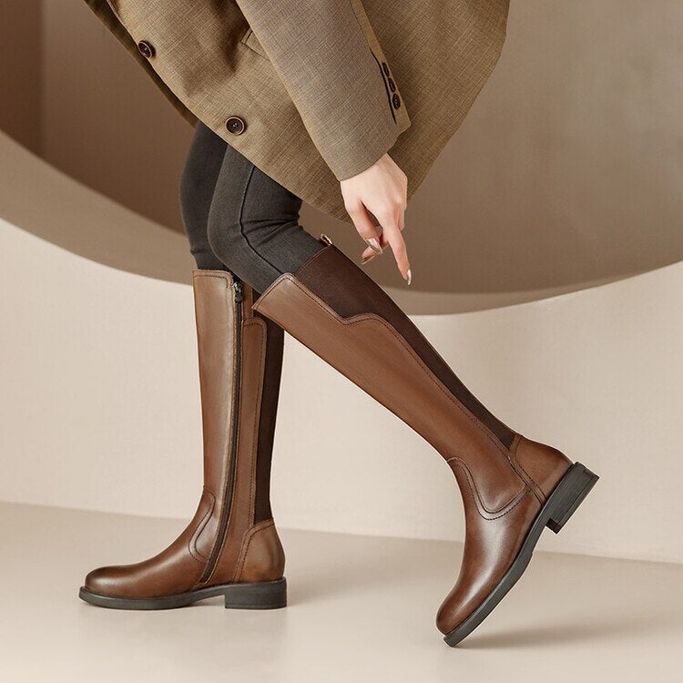 flowersverse New Autumn/Winter Women's Boots Round Toe Chunky Heel Knight Boots Shoe For Women Cow Leather Vintage Boots Knee-High Boots