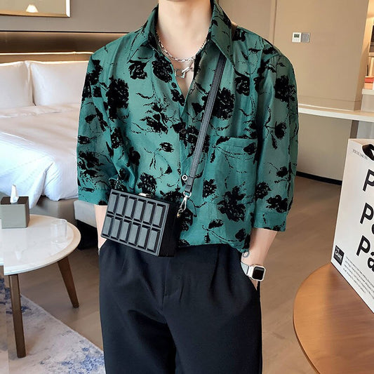 flowersverse Summer Men's Cargo Loose Hawaiian Shirt Green Color Cotton Clothes Casual Shirts Streetwear Camisa Masculina Size M-2XL