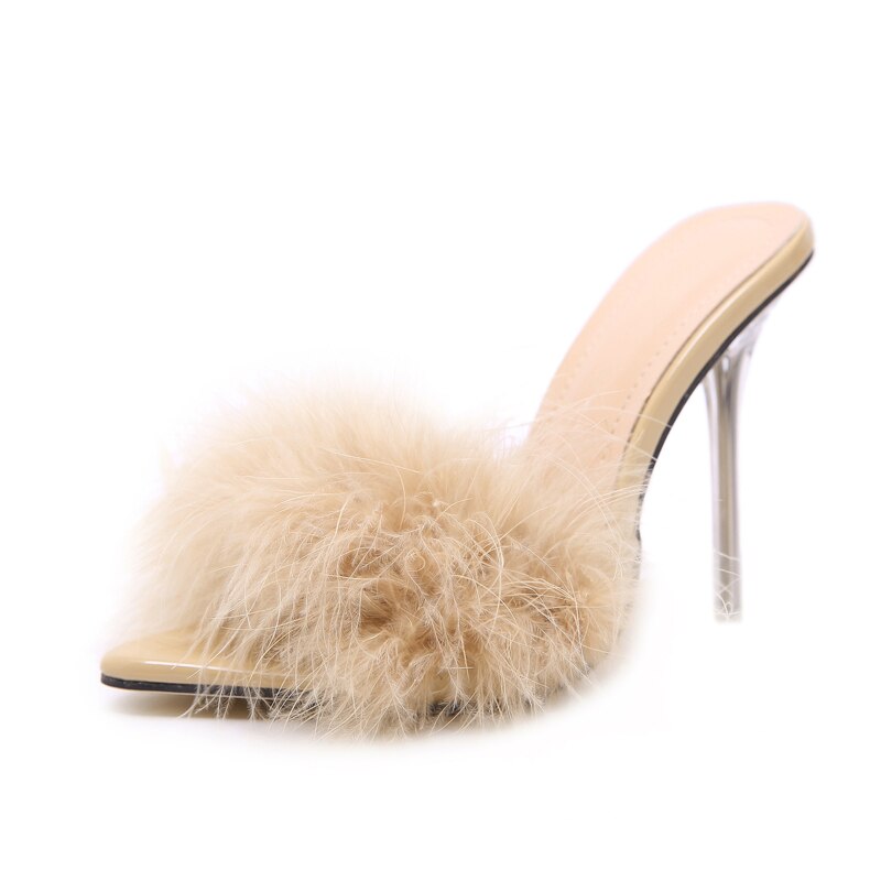 Amozae Transparent High Heels Sandals Feather Woman Slippers Fur Stiletto Pointed Mules Evening Party Women Shoes Rose 41