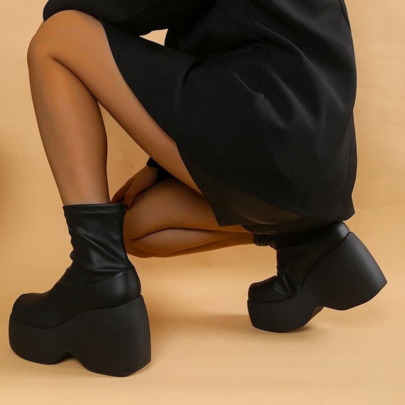 Christmas Gift Women Boots Chunky Platform Woman Ankle Boots Fashion Shoes Casual Slip On Short Boots Ladies Black Boots Female