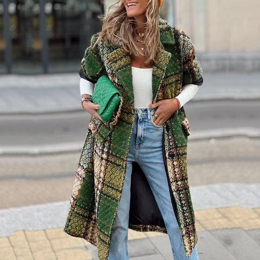 flowersverse Fashion Plaid Print Long Cardigan Coats Autumn Winter Women Casual Long Sleeve Loose Outerwear Elegant Lapel Button Jackets