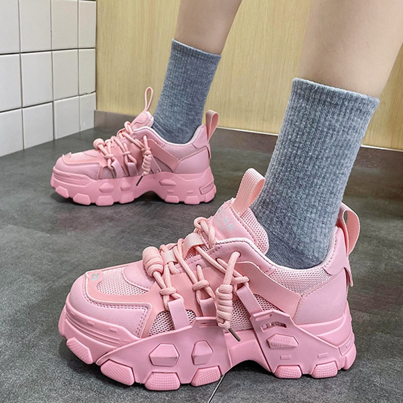 Black Friday Amozae Fashion Chunky Sneakers Women Vulcanized Shoes Lace Up Platform Sneakers Casual Shoes Women Flats Breathable Lady Sport Shoes
