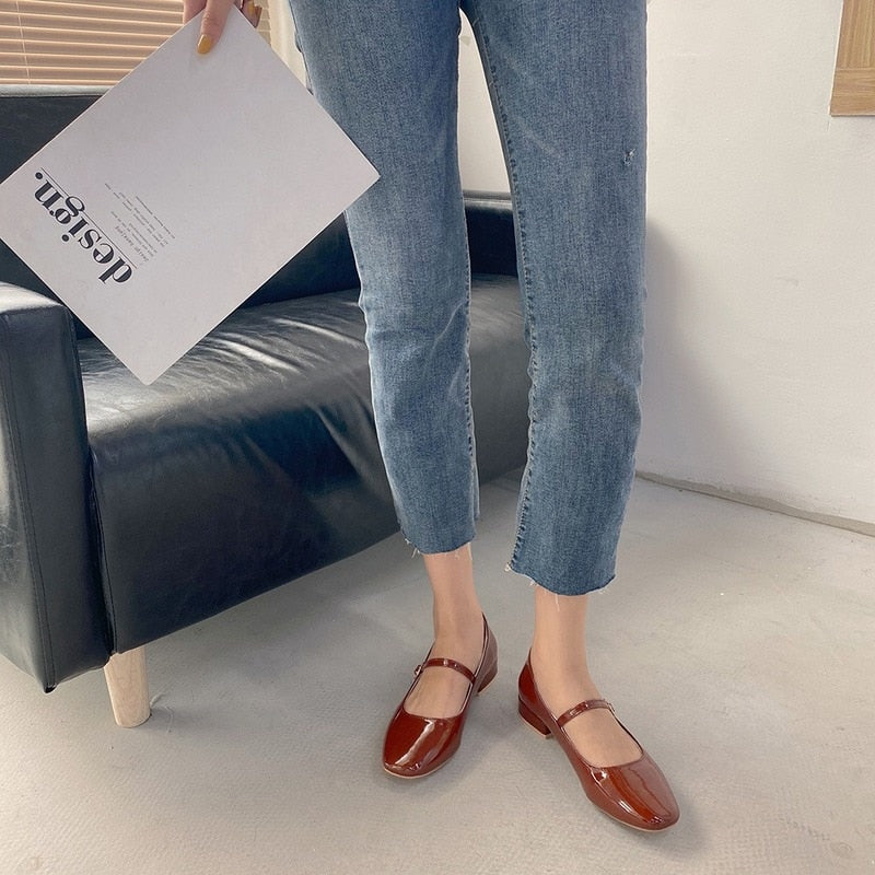 Christmas Gift Spring Autumn Women Mary Janes Shoes Patent Leather Low Heels Dress Shoes Square Toe Shallow Buckle Strap