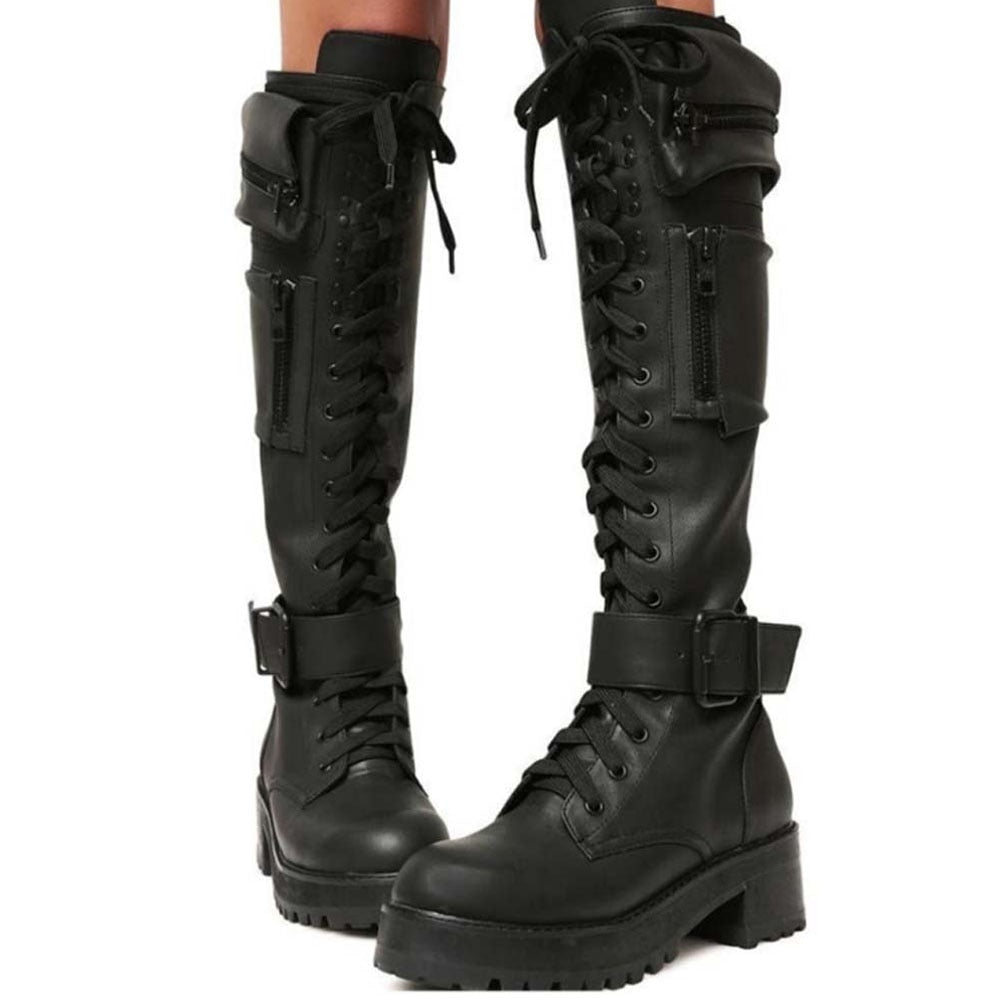 Amozae Fashion Women's Thigh High Boots Black Punk Gothic Woman Platform Boots Wedge Motorcycle Boot Heels Women Shoes Big Size