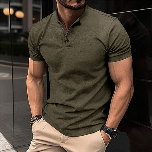 flowersverse Summer Vintage Henry T Shirts Men Leisure Solid Color Short Sleeve Button Slim Polo Tee For Mens Casual Slim Fit Tops Streetwear