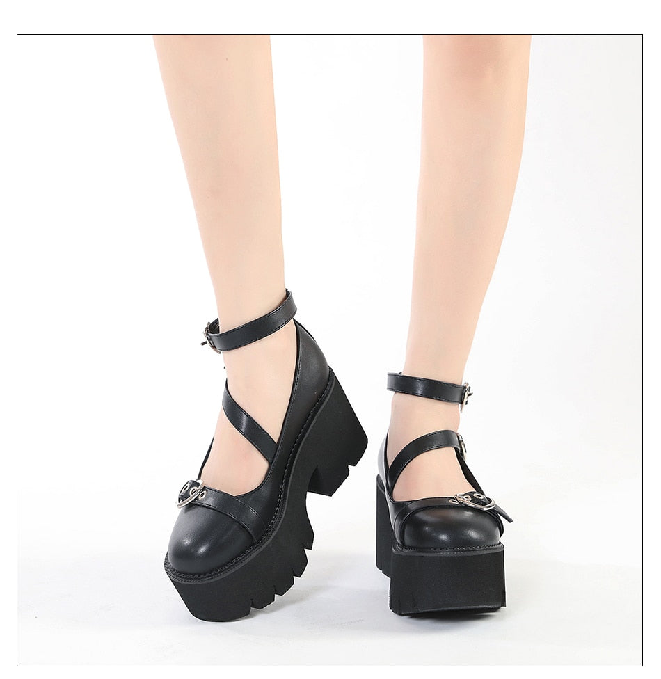 Amozae Platform Lolita Shoes On Chunky Heels Spring Cross Bandage Women Mary Jane Shoes Kawaii Cospaly Heart Buckle Big Size