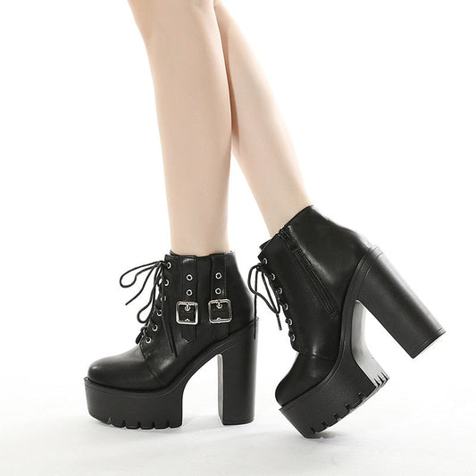 Amozae Winter Short Boots Women's Fashion Side Belt Buckle Front Lace-Up Platform High Heel Biker Boots Botki Damskie Jesienne