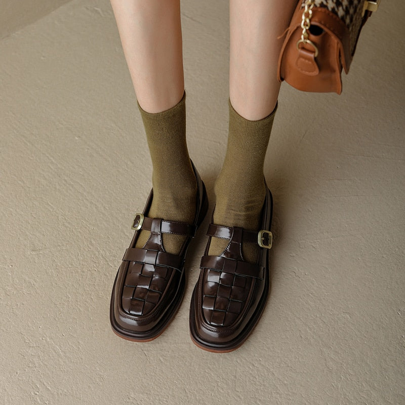 flowersverse New Spring Women Shoes Genuine Leather Shoes Women Fashion Retro Flats Square Toe Low Heel Women Loafers Brown Shoes