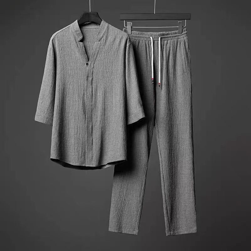 flowersverse Streetwear Men's Clothing Beach Tracksuit Half Sleeve 2Pc Outfits Casual Belt Long Sleeve Solid Shirts&Pocket Pants Sets