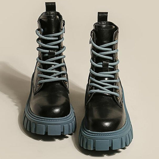 flowersverse Women Mid Calf Boots Autumn Lace-Up Platform Boots Woman Shoes Round Toe Soft Bottom Ladies Booties Female Botas