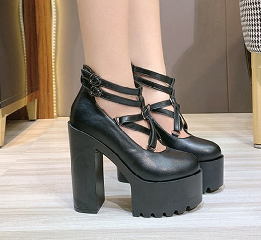 Thanksgiving flowersverse Fashion Women Pumps High Heels Zipper Rubber Sole Black Platform Shoes Spring Autumn Leather Shoes Female Gothic Pentagon