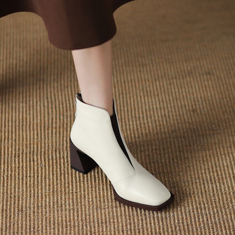 flowersverse Autumn Winter Square Toe Boots Women Chunky Heel Genuine Leather Shoes For Women Short Boots Solid Color Zipper Ankle Boots
