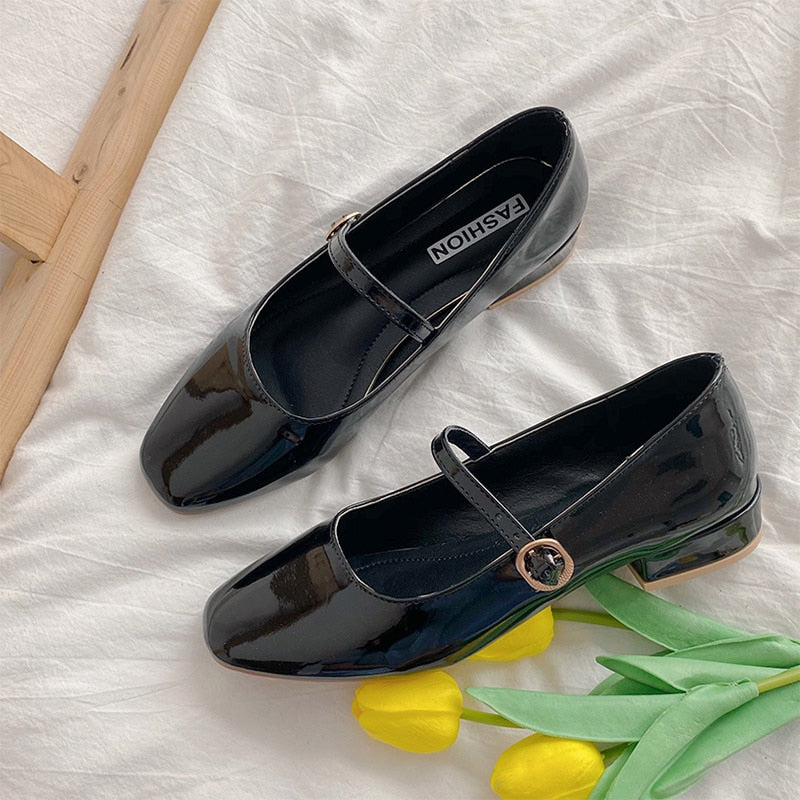 Christmas Gift Spring Autumn Women Mary Janes Shoes Patent Leather Low Heels Dress Shoes Square Toe Shallow Buckle Strap