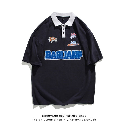 flowersverse American College Style T-shirts Plus Size Mens Short Sleeve Turn-down Collar Tops Hip Hop Streetwear Male Loose Tee Shirts