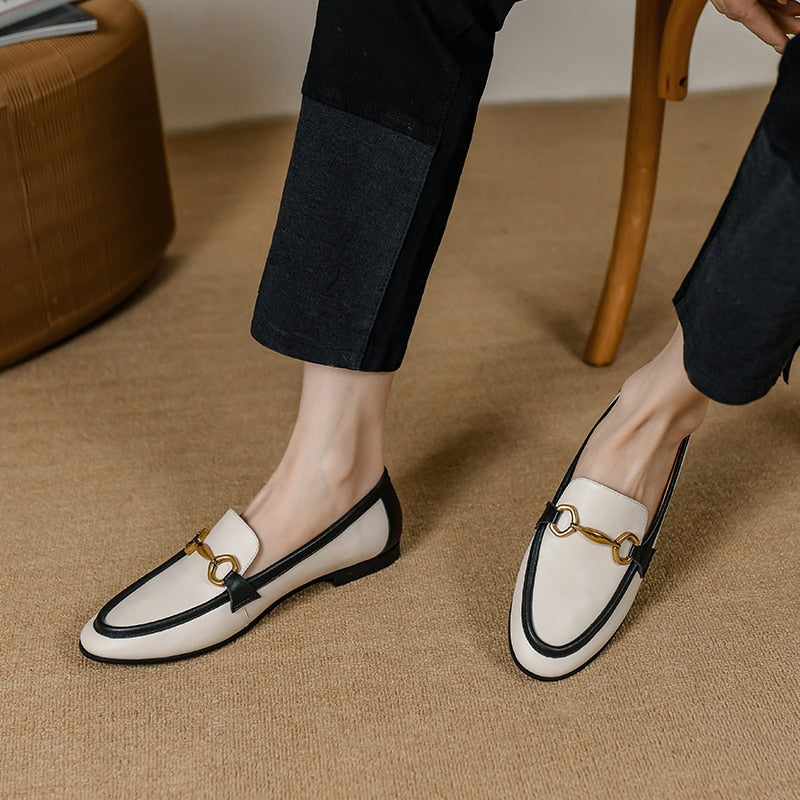 flowersverse Spring New Genuine Leather Women Shoes Fashion Retro Slip-On Loafers Shoes Round Toe Shoes Woman Zapatos De Mujer Flats