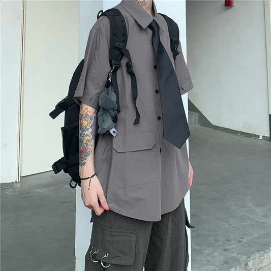 flowersverse Gray Shirts Women Harajuku Detachable Sleeve Oversized Bf Gothic Blouse with Tie Vintage Streetwear Punk Autumn Shirt