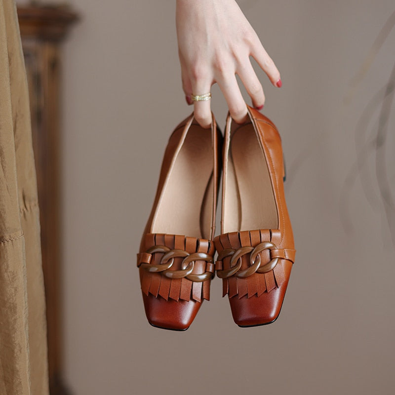 flowersverse New Spring GENUINE LEATHER Women Shoes LEISURE Women Pumps Square Toe Heels Shoes Women Women Shoes Zapatos De Mujer Tassel