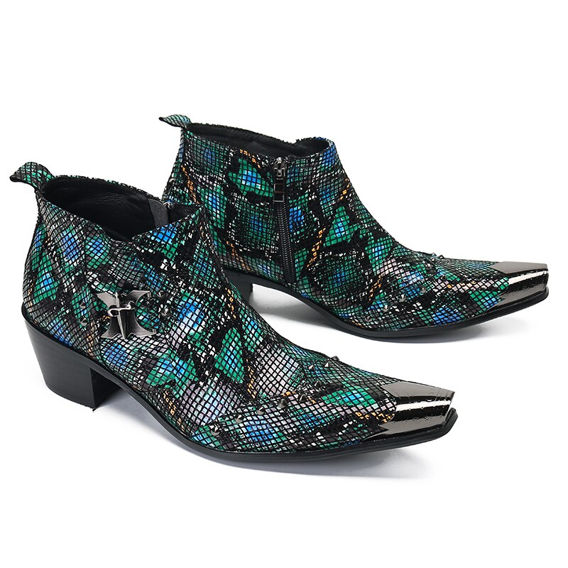 Amozae Trendy British Genuine Leather Glitter Men Ankle Boots Steel Toe Mens High Heels Snake Skin Bota Masculina Party Dance Shoes Man
