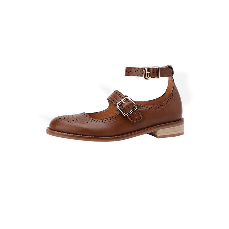 flowersverse New Spring Women Shoes Genuine Leather Brogue Shoes Shoes Women Retro Round Toe Low Heel Women Shoes Ladies Shoes