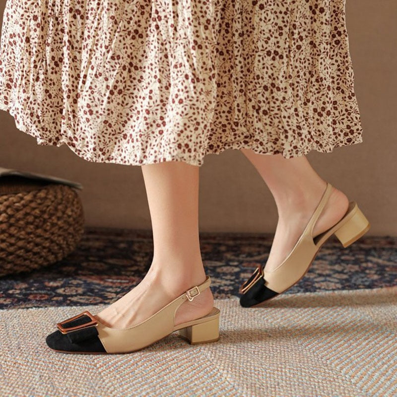 Amozae Stitching Female Shoes Classic Thick Heel Bow Metal Decoration Lady Pumps Simple Square Head Leather Women's Single Shoes