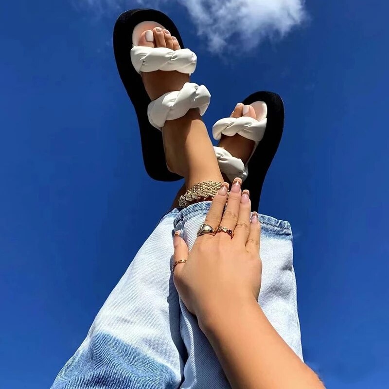Amozae Women Platform Slippers 2022 Summer Woman Weave Flats Ladies Casual Thick Bottom Slides Female Comfortable Beach Shoes Plus Size