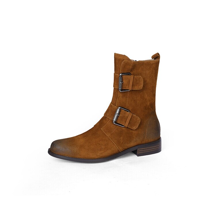 flowersverse Autumn Winter Round Toe Women Boots Chunky Heel Shoes For Women Short Boots Belt Buckle Low Heels Sheep Suede Knight Boots