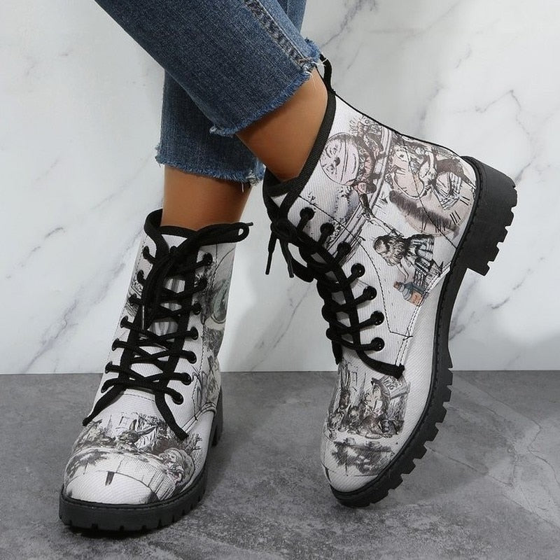 Christmas Gift Women Boots Women's Spring Autumn New British Fashion Women's Tooling Boots Flower Print High-Top Boots Ladies Shoes For Women