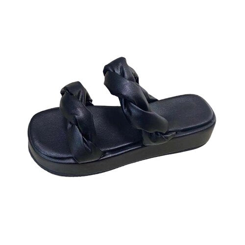 Amozae Women Platform Slippers 2022 Summer Woman Weave Flats Ladies Casual Thick Bottom Slides Female Comfortable Beach Shoes Plus Size