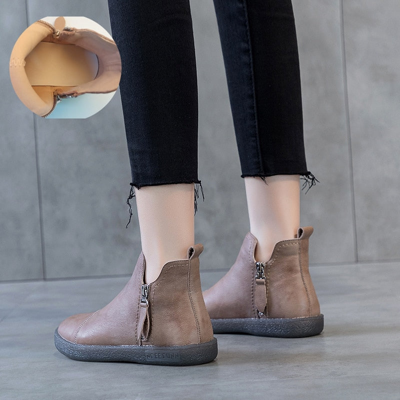 Amozae Fujin Spring Genuine Leather Cow Women Ankle Boots Waterproof Slip On Super Comfortable Booties Autumn Winter Shoes Non Slip
