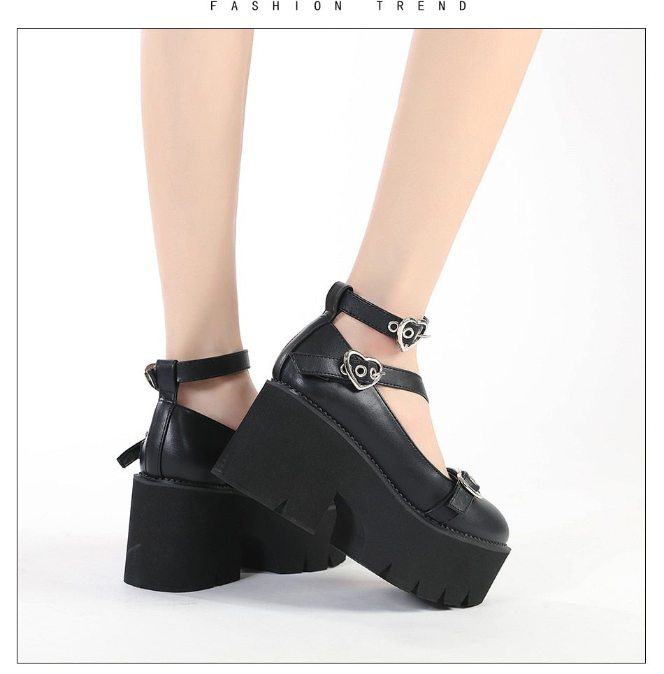 Amozae Platform Lolita Shoes On Chunky Heels Spring Cross Bandage Women Mary Jane Shoes Kawaii Cospaly Heart Buckle Big Size
