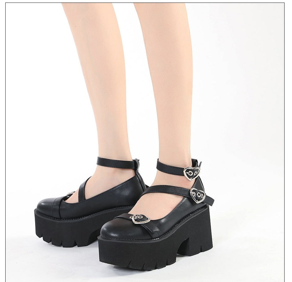Amozae Platform Lolita Shoes On Chunky Heels Spring Cross Bandage Women Mary Jane Shoes Kawaii Cospaly Heart Buckle Big Size